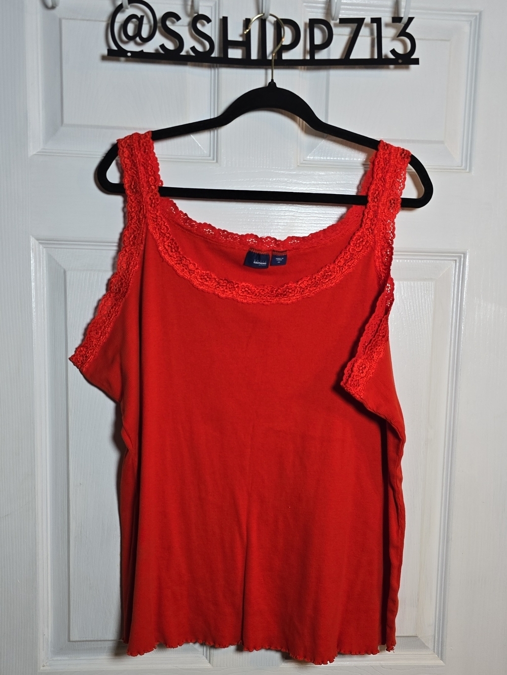 Basic Editions 100% Cotton Red Lace-Trim Ribbed Tank Top